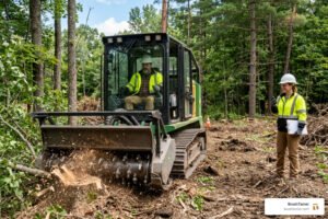 A professional male and female operator using advanced land clearing equipment on a wooded lot in Plymouth, MI